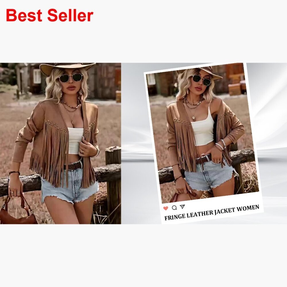 Faux Leather Jacket Oversized Cropped Fringe Western Cowgirl Motorcycle Coat - Picture 7 of 7